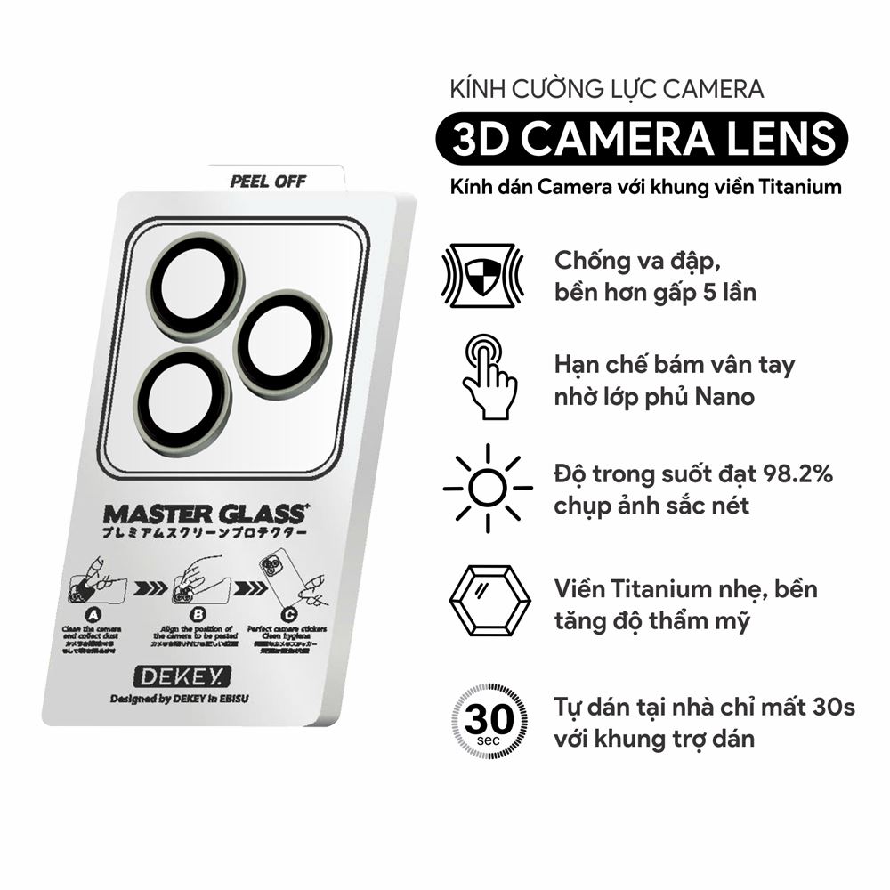 Miếng dán camera iPhone 16 Pro/Pro Max DEKEY 3D Camera Lens - Titanium Màu Bạc Inox