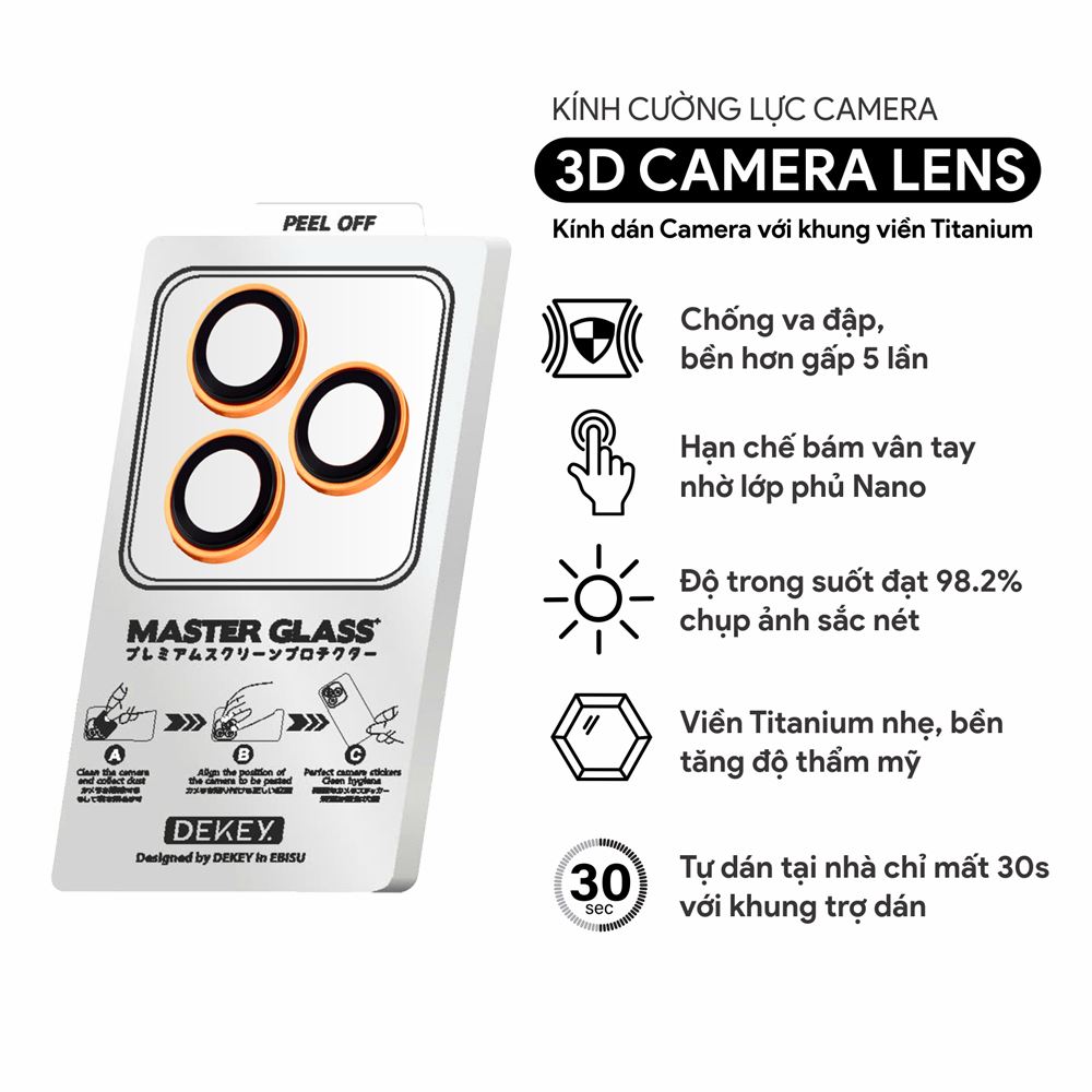 Miếng dán camera iPhone 17 Pro/Pro Max DEKEY 3D Camera Lens - Cam Màu Cam