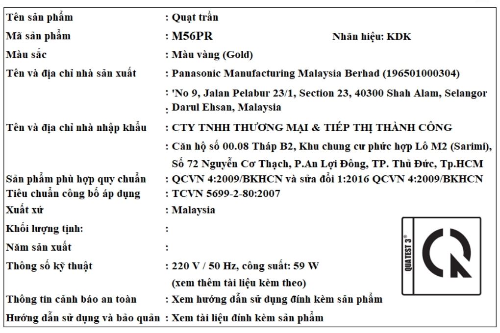 Quạt trần KDK 4 cánh M56PR(GD) 59W Màu Vàng