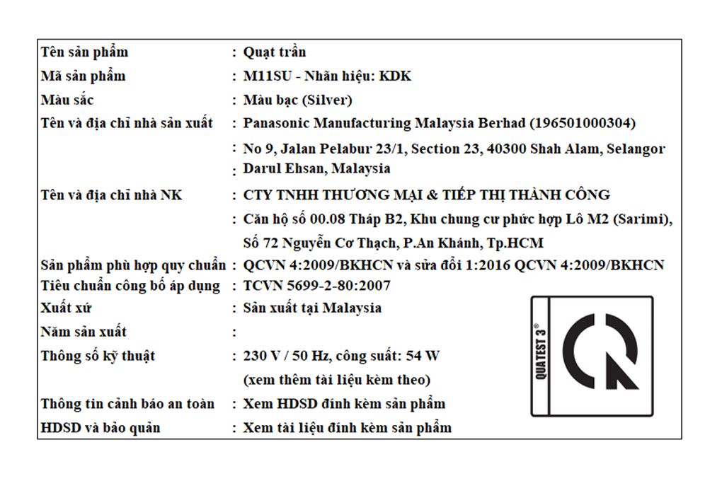 Quạt trần KDK 3 cánh M11SU(SIL) 54W Màu Bạc