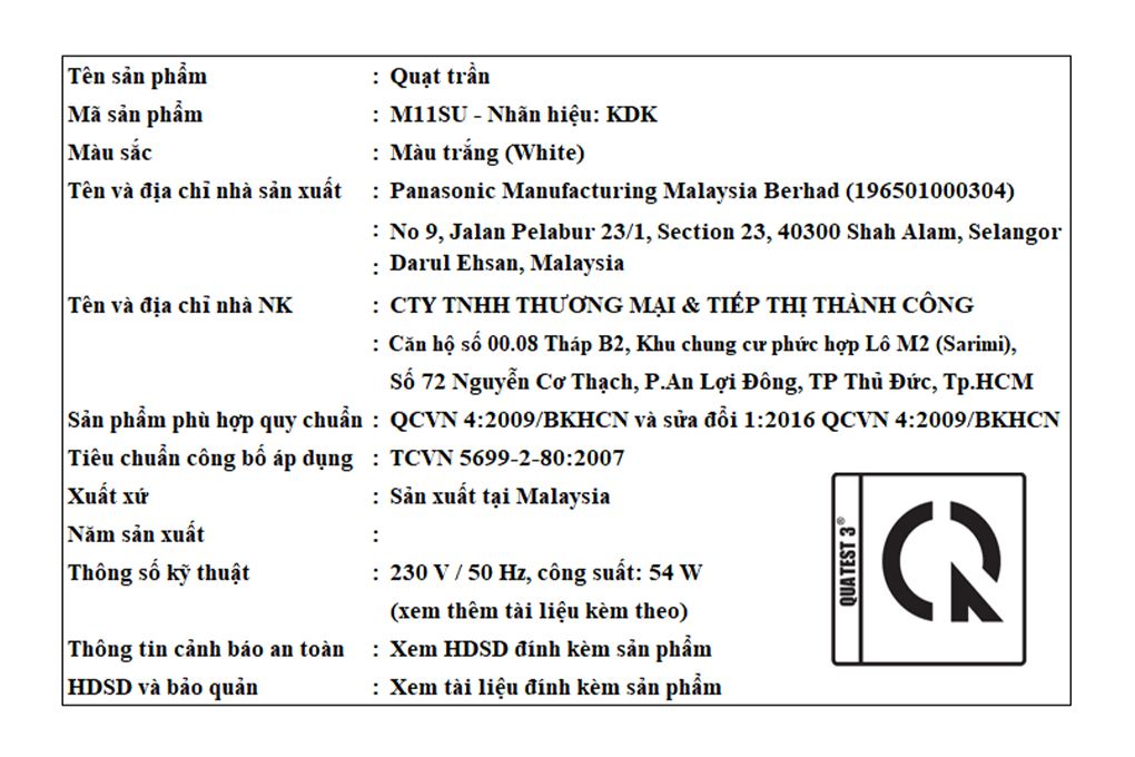 Quạt trần KDK 3 cánh M11SU(WH) 54W Màu Trắng
