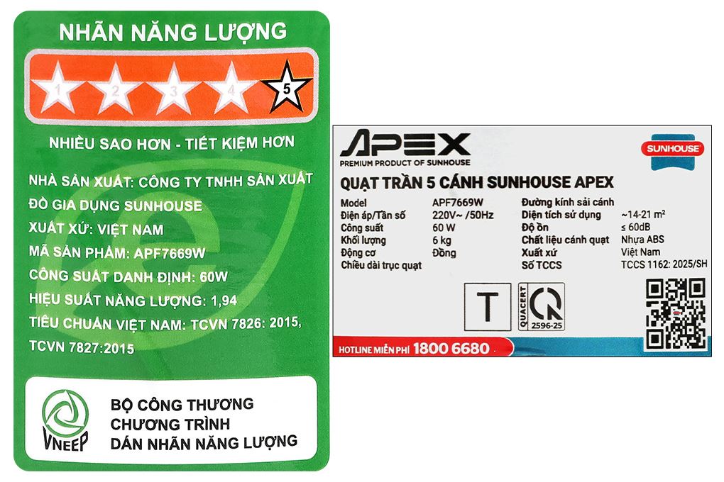 Quạt trần Sunhouse Apex 5 cánh APF7669W 60W Màu Trắng