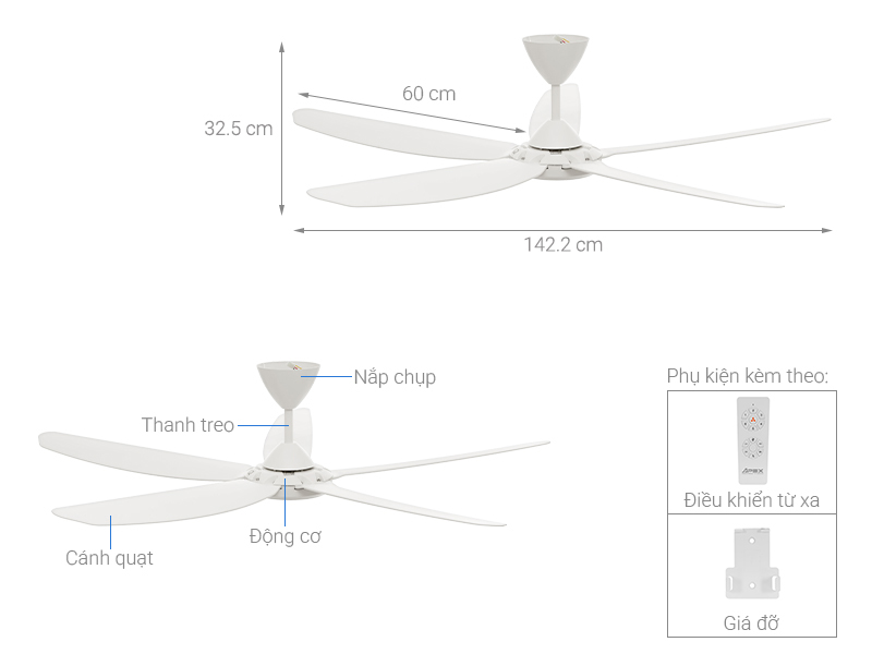 Quạt trần Sunhouse Apex 5 cánh APF7668W 60W