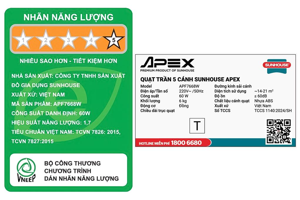 Quạt trần Sunhouse Apex 5 cánh APF7668W 60W Màu Trắng