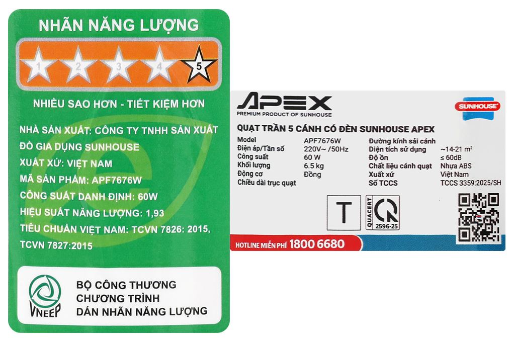 Quạt trần Sunhouse Apex 5 cánh APF7676W 60W Màu Trắng