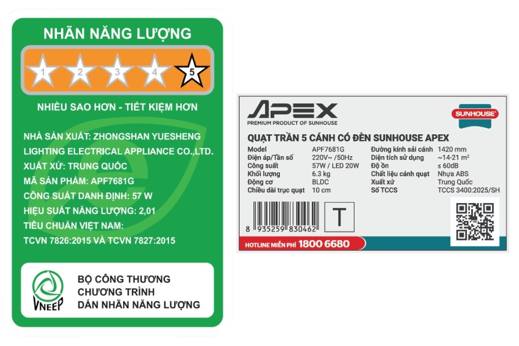 Quạt trần Sunhouse Apex 5 cánh APF7681G 57W Màu Ghi