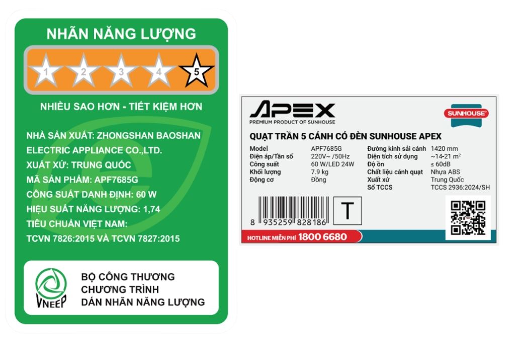 Quạt trần Sunhouse Apex 5 cánh APF7685G 60W Màu Ghi