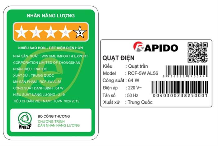 Quạt trần Rapido 5 cánh RCF-5W AL56 64W Màu Trắng