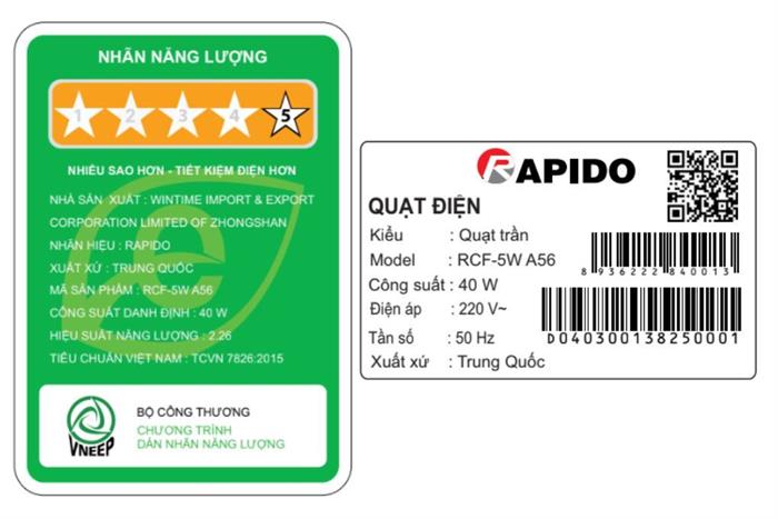 Quạt trần Rapido 5 cánh RCF-5W A56 40W Màu Trắng
