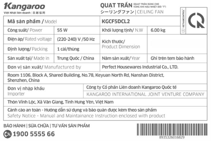 Quạt trần Kangaroo 5 cánh KGCF5DCL2 55W Màu Đen