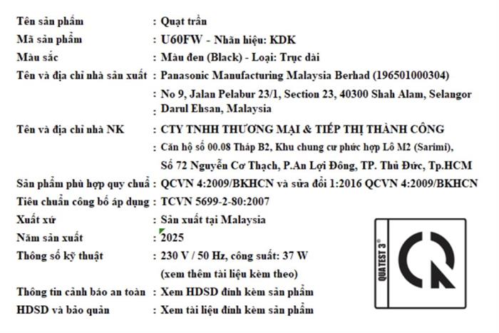 Quạt trần KDK 5 cánh U60FW(BK) 59W Màu Đen