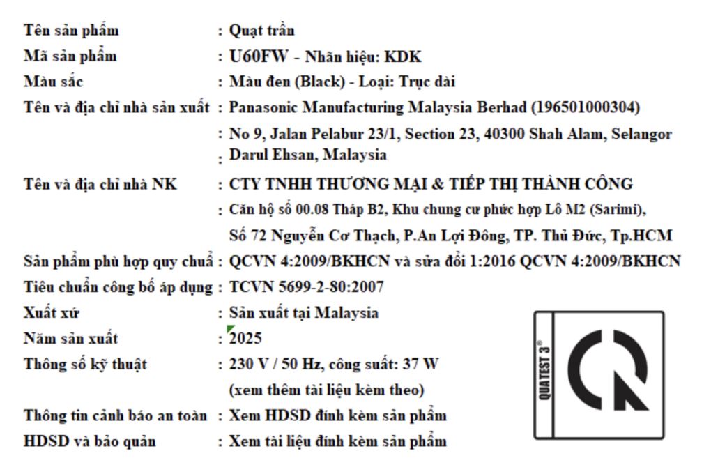 Quạt trần KDK 5 cánh U60FW(BK) 59W Màu Đen