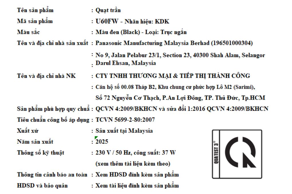 Quạt trần KDK 5 cánh U60FWS(BK) 59W Màu Đen