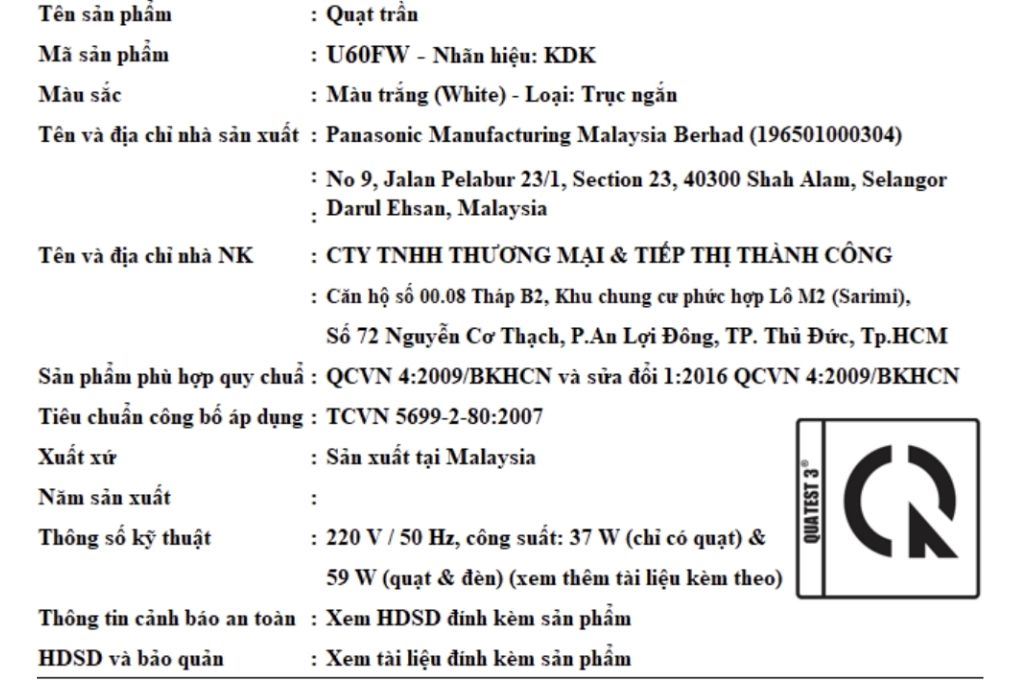 Quạt trần KDK 5 cánh U60FWS(WH) 59W Màu Trắng
