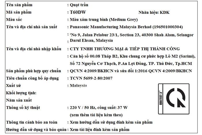 Quạt trần KDK 5 cánh T60DW(GY) 37W Màu Xám