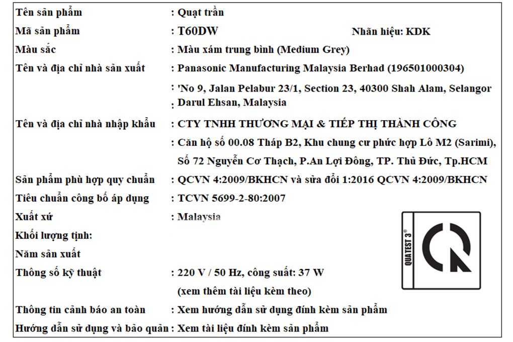 Quạt trần KDK 5 cánh T60DW(GY) 37W Màu Xám