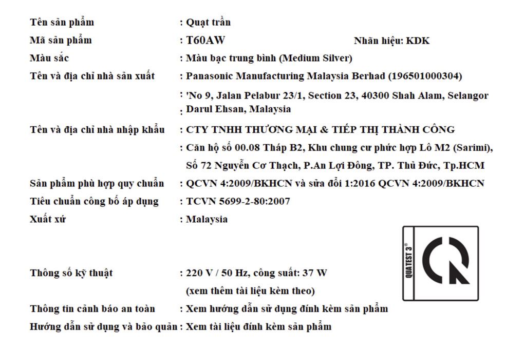 Quạt trần KDK 5 cánh T60AW(SIL) Màu Bạc