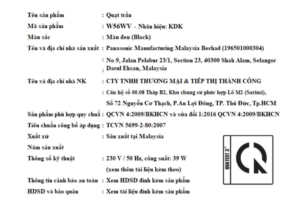 Quạt trần  KDK 4 cánh W56WV(BK) 39W Màu Đen