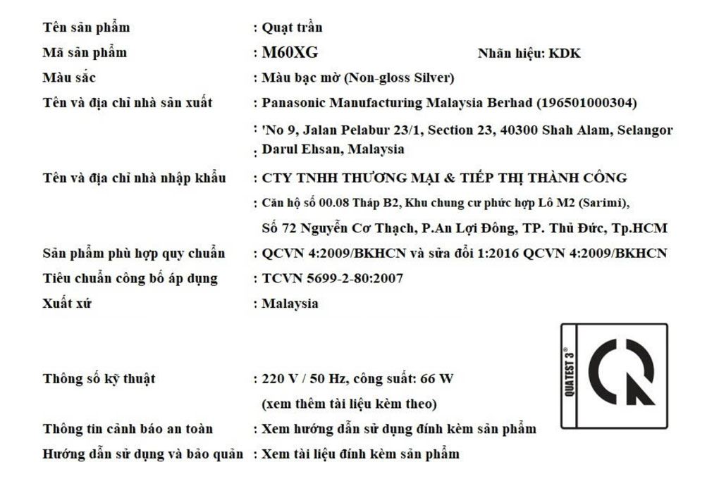 Quạt trần KDK 3 cánh M60XG(SIL) 66W Màu Bạc
