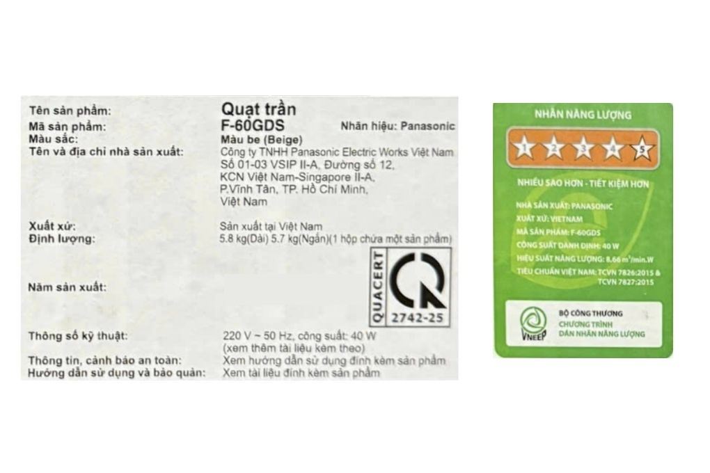 Quạt Trần Panasonic 5 cánh F-60GDS-BES (F-60GDSTBCQV) 40W Màu Kem