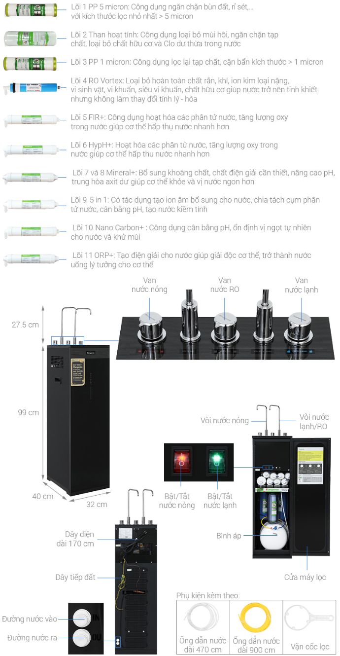 Máy lọc nước RO nóng nguội lạnh Hydrogen Kangaroo KG11A3 11 lõi
