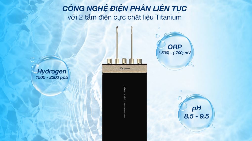 Công nghệ điện phân - Máy lọc nước RO nóng nguội lạnh Hydrogen ion kiềm Kangaroo Sumire KGHC12A3 12 lõi Công nghệ điện phân - Máy lọc nước RO nóng nguội lạnh Hydrogen ion kiềm Kangaroo Sumire KGHC12A3 12 lõi