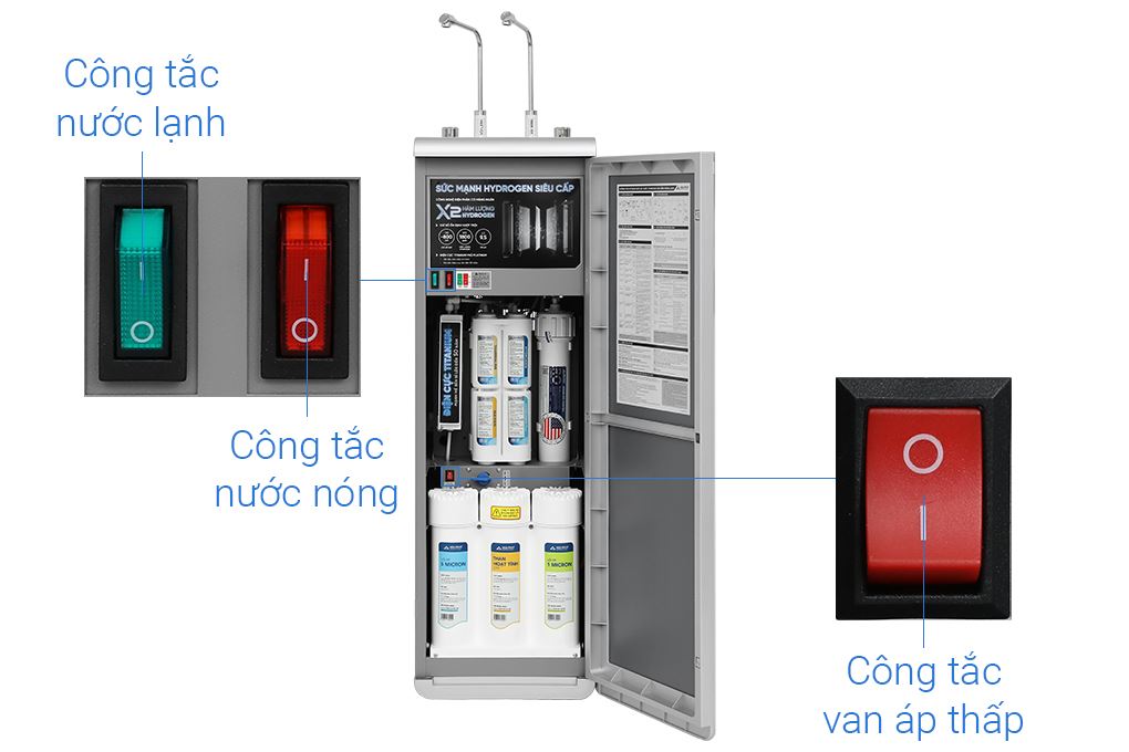 Máy lọc nước RO nóng nguội lạnh Hydrogen ion kiềm Hòa Phát HPA885 12 lõi Màu Trắng