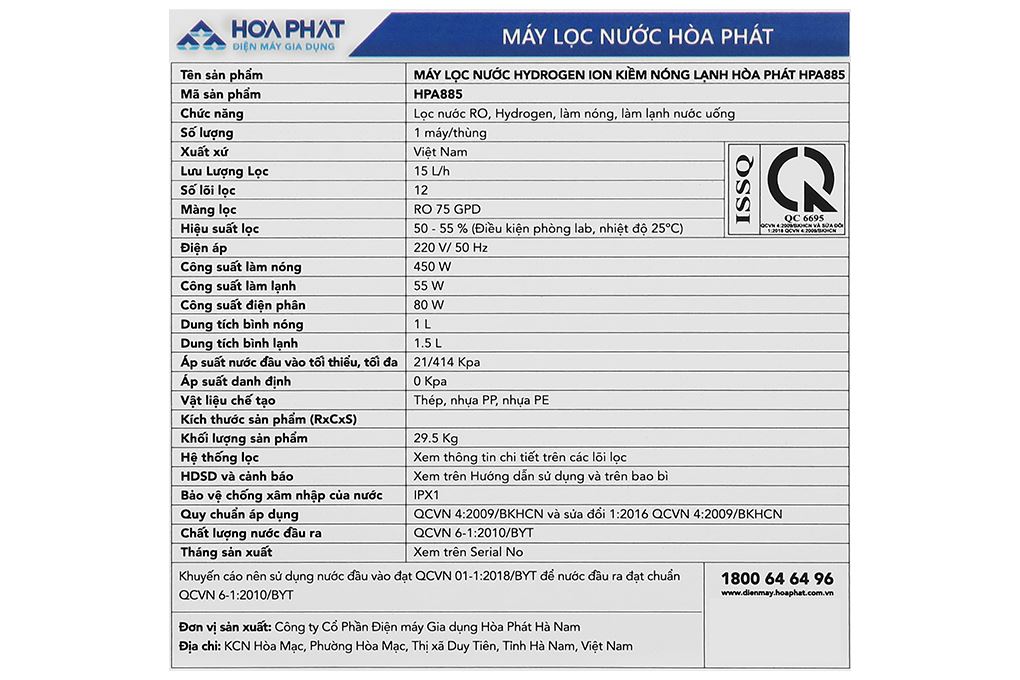 Máy lọc nước RO nóng nguội lạnh Hydrogen ion kiềm Hòa Phát HPA885 12 lõi Màu Trắng