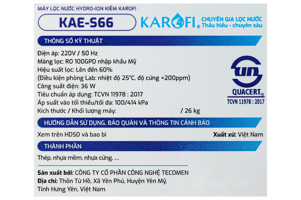 Máy lọc nước RO Hydrogen ion kiềm Karofi KAE-S66 12 lõi Màu Đen
