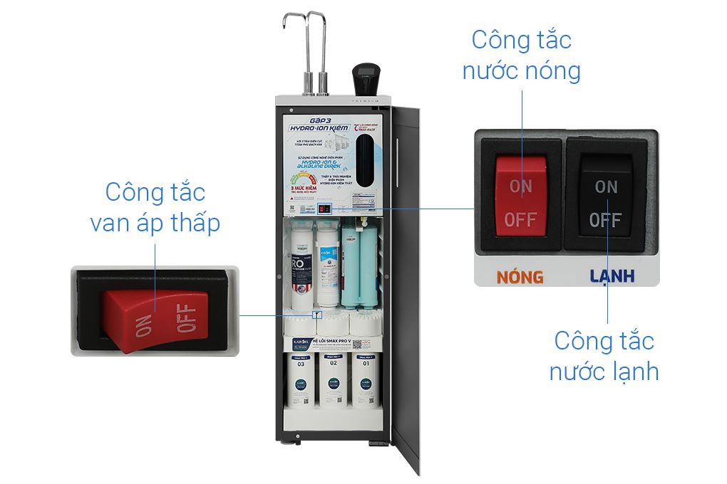 Máy lọc nước RO nóng nguội lạnh Hydrogen ion kiềm Karofi KAE-S695 13 lõi Màu Đen