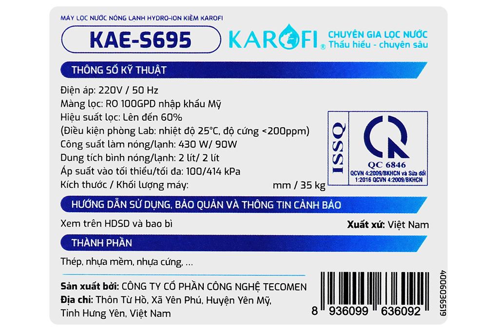 Máy lọc nước RO nóng nguội lạnh Hydrogen ion kiềm Karofi KAE-S695 13 lõi Màu Đen