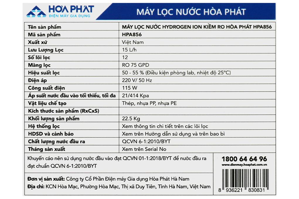 Máy lọc nước RO Hydrogen ion kiềm Hòa Phát HPA856 12 lõi Màu Xám