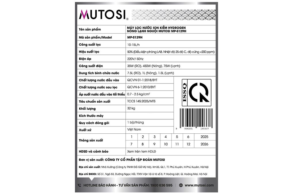Máy lọc nước RO nóng nguội lạnh Hydrogen ion kiềm Mutosi MP-S129H 10 lõi - 11