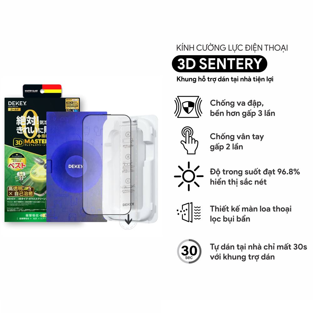 Miếng dán kính cường lực iPhone 13/13 Pro/14 DEKEY 3D Sentery Màu Trắng
