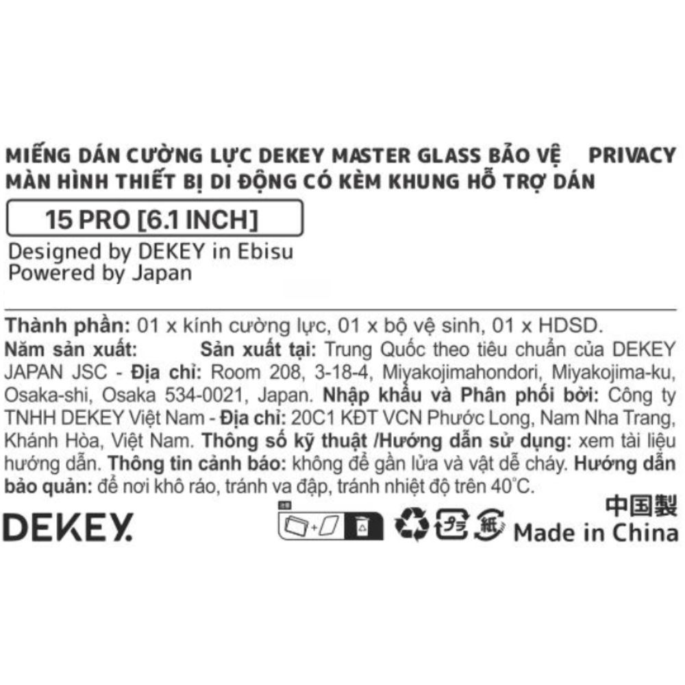 Miếng dán kính cường lực chống nhìn trộm iPhone 15 Pro DEKEY 3D Sentery Màu Trắng