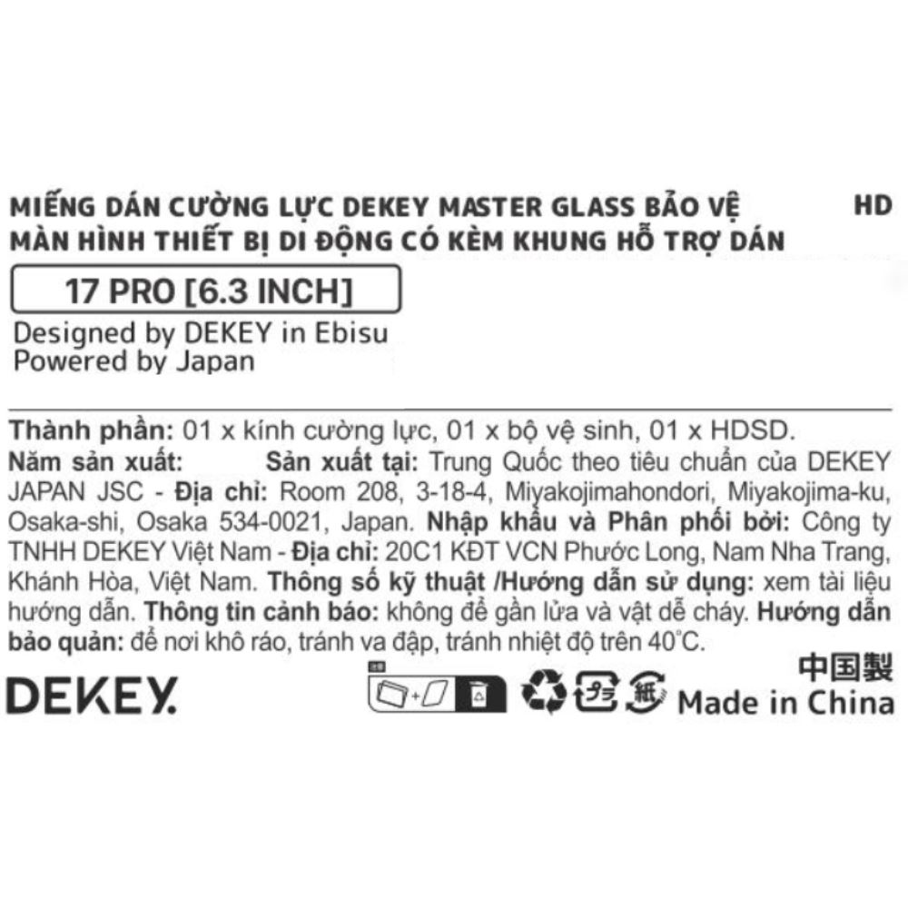 Miếng dán cường lực có kèm khung hỗ trợ dán iPhone 17 Pro/18 Pro DEKEY 3D Sentery Trong suốt Màu Trắng