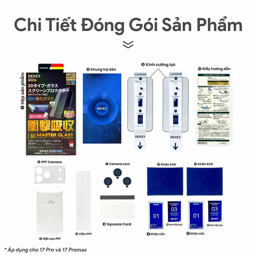 Miếng dán cường lực có kèm khung hỗ trợ dán iPhone 17 Pro Max/18 Pro Max DEKEY 3D Quintessence Trong suốt Màu Trắng