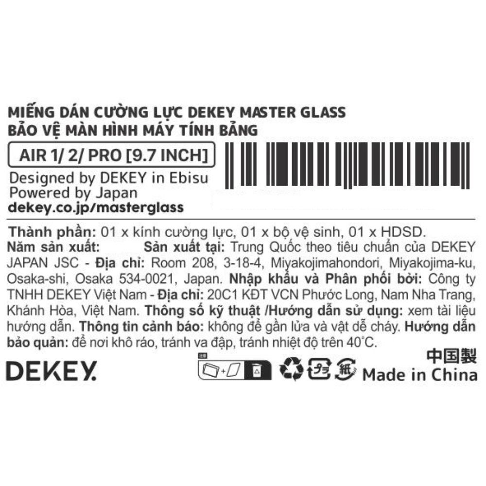 Miếng dán kính cường lực iPad Air 1/Air 2/Pro DEKEY Premium Màu Trắng