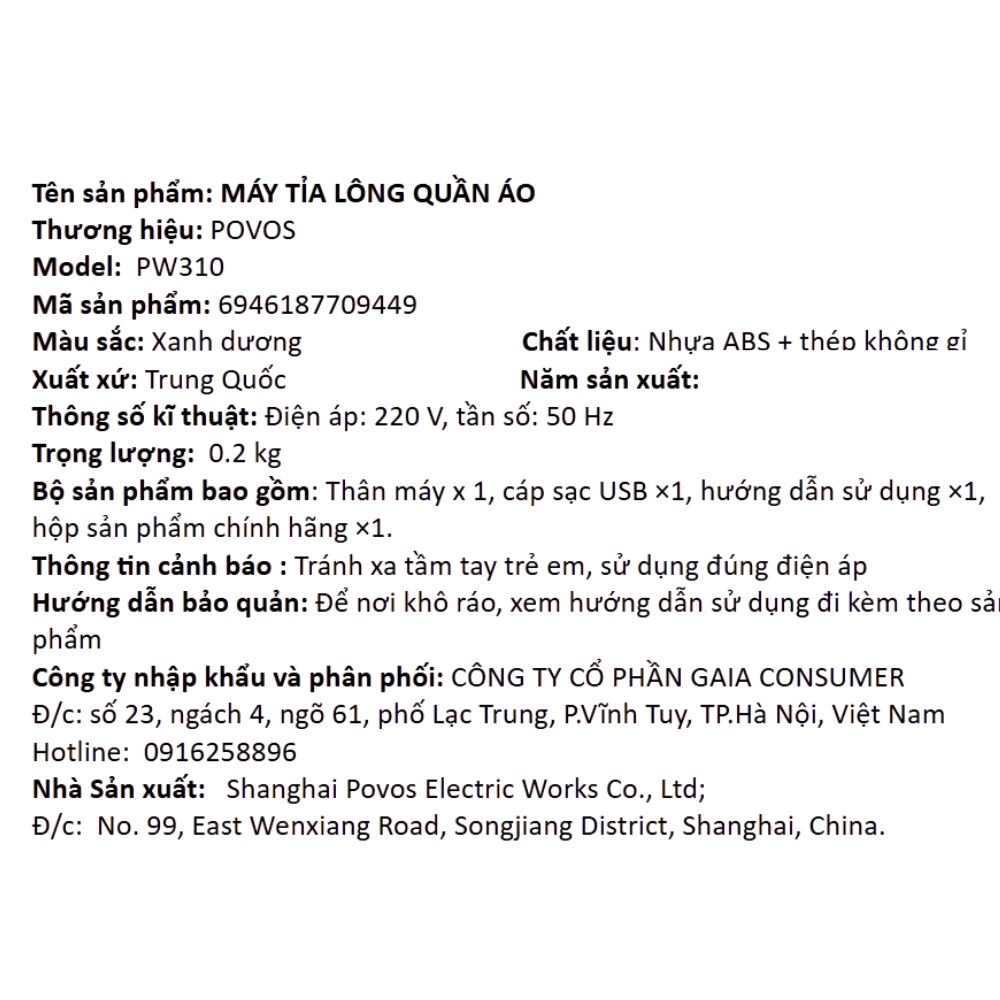 Máy cắt lông xù quần áo POVOS PW310 Màu Xanh