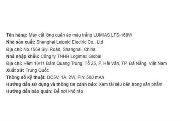 Máy cắt lông quần áo LUMIAS LFS-168W Màu Trắng