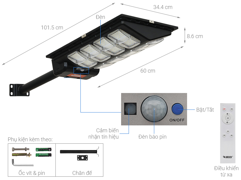 Đèn đường liền thể năng lượng mặt trời Modi MD-SLT27-400-W