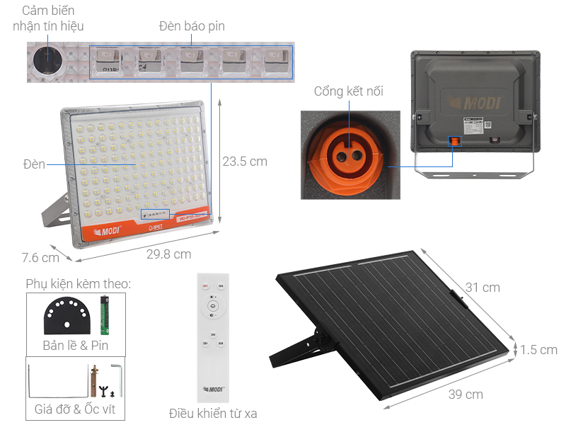 Đèn pha năng lượng mặt trời Modi MD-PT55-300-W