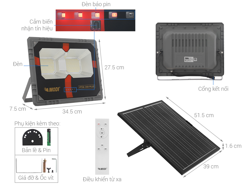 Đèn pha năng lượng mặt trời Modi MD-PT58-360-PLUS