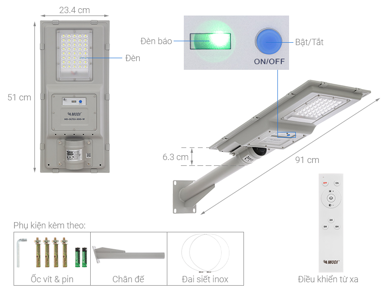 Đèn đường liền thể năng lượng mặt trời Modi MD-SLT52-300-W