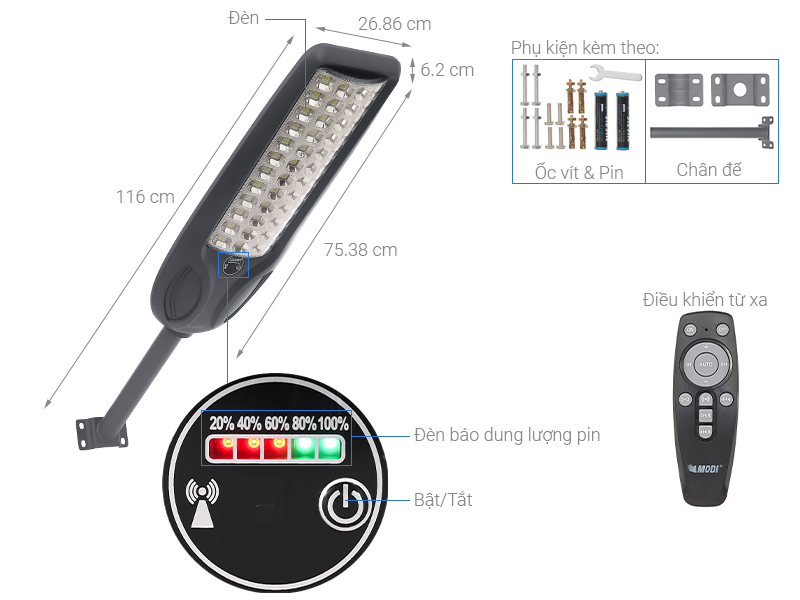 Đèn đường liền thể năng lượng mặt trời Modi MD-SLT97-360-W