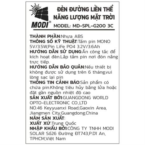 Đèn trụ cổng năng lượng mặt trời Modi MD-SPL-G200 3C Màu Trắng