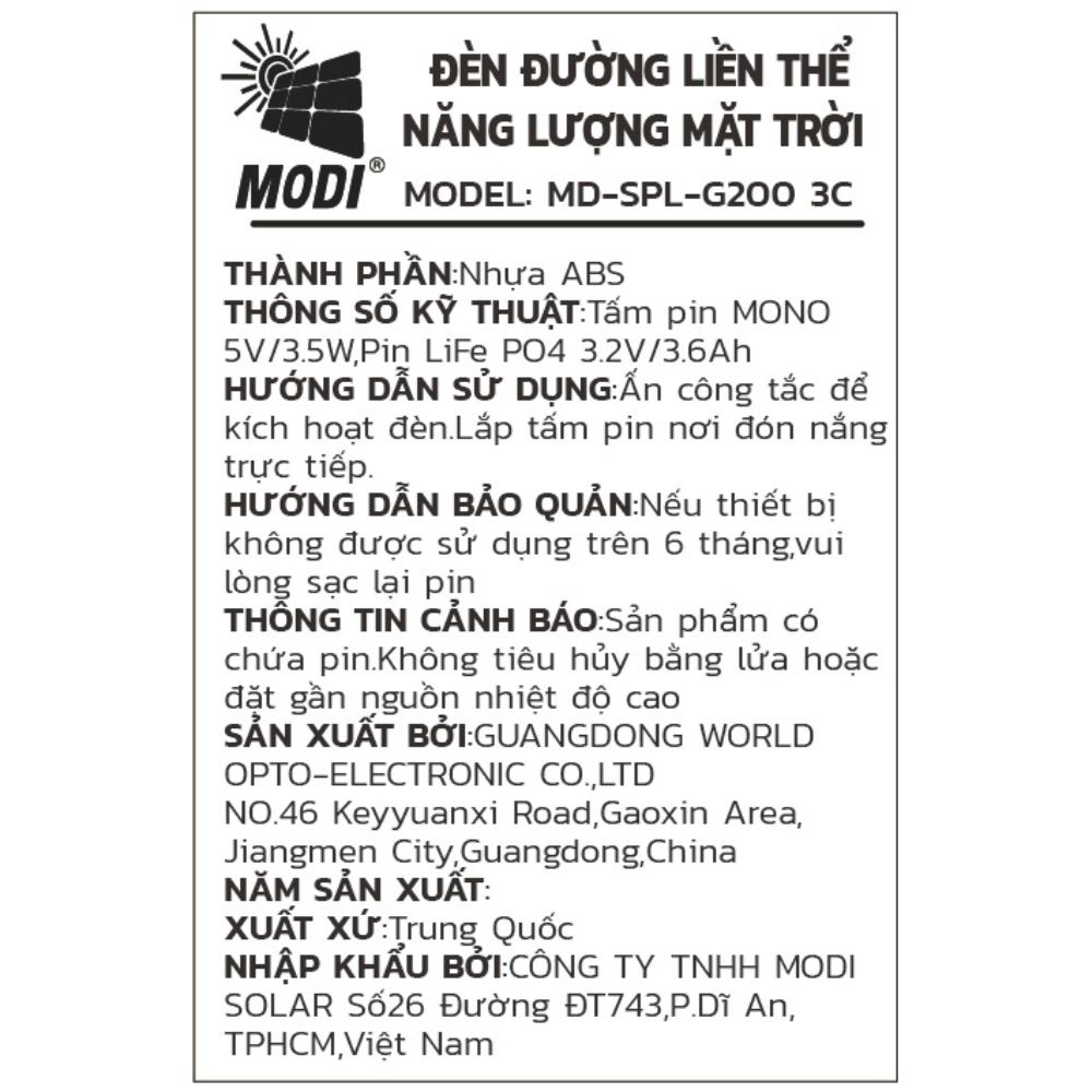 Đèn trụ cổng năng lượng mặt trời Modi MD-SPL-G200 3C Màu Trắng