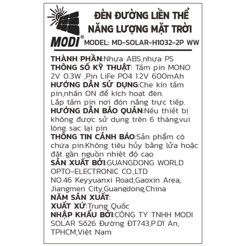 Đèn cắm cỏ năng lượng mặt trời Modi MD-SOLAR-H1032-2P WW Màu Đen