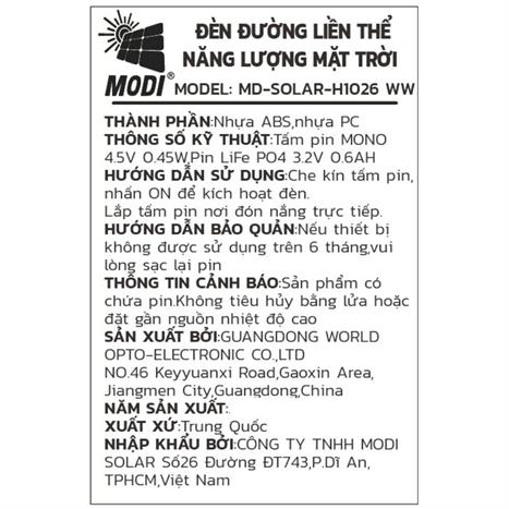 Đèn hắt tường năng lượng mặt trời Modi MD-SOLAR-H1026 WW Màu Đen