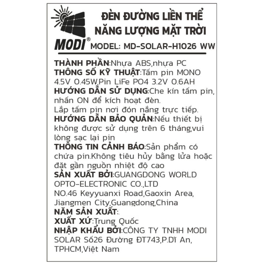 Đèn hắt tường năng lượng mặt trời Modi MD-SOLAR-H1026 WW Màu Đen